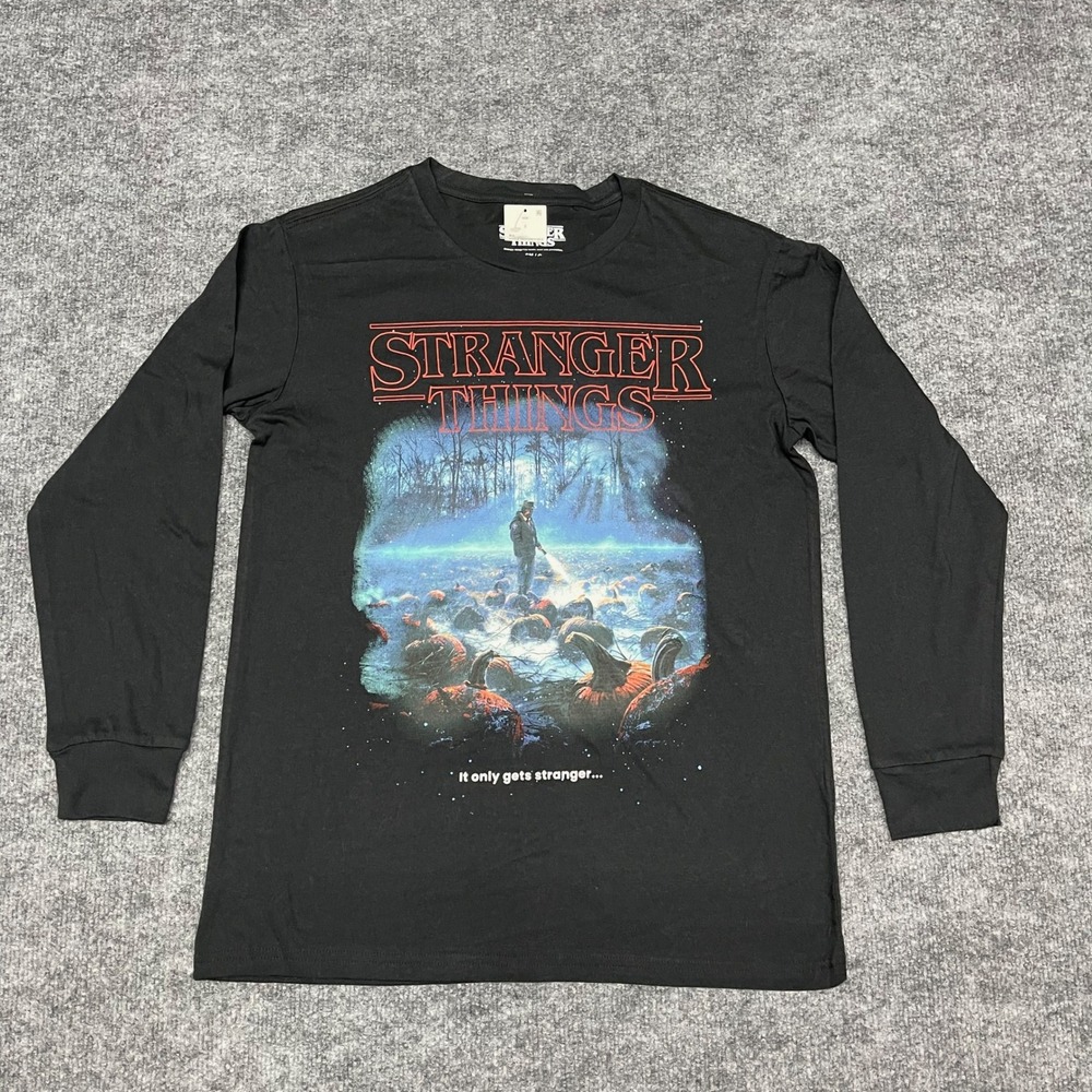 Stranger Things Shirt Mens Small Black Long Sleeve Graphic It Only Gets Stranger